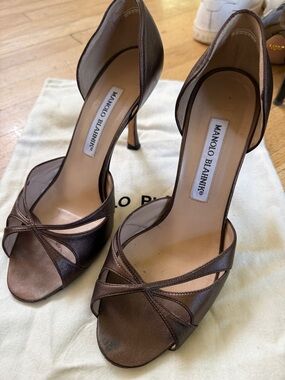 Manolo Blahnik Bronze Satin D'Orsay High Heel Sandals